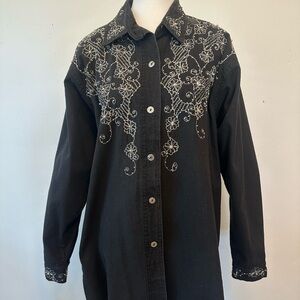 Vintage Black Embroidered Button-Up Shirt Dress